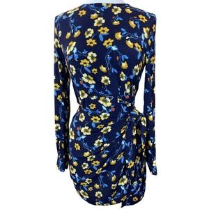 ASTR The Label Apron Front Long Sleeve Navy Mustard Floral Tie Wrap Dress Med